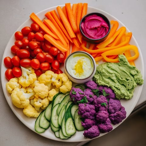 Fresh, colorful Rainbow Vegetable Dips platter ready to enjoy as a flavorful, healthy appetizer.