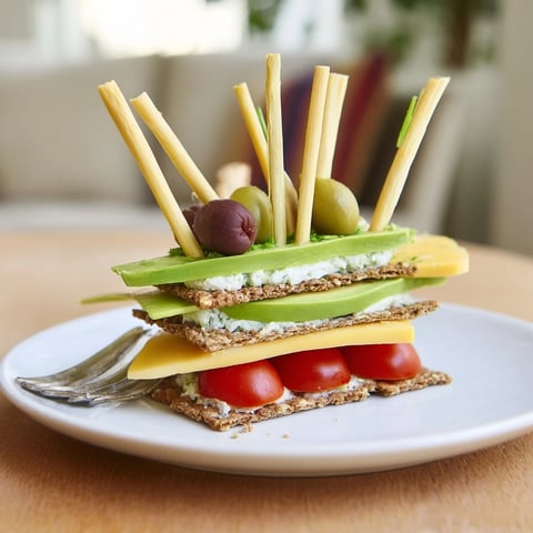 Urban Skyscraper Appetizers with colorful vegetable and cheese towers, perfect party bites.
