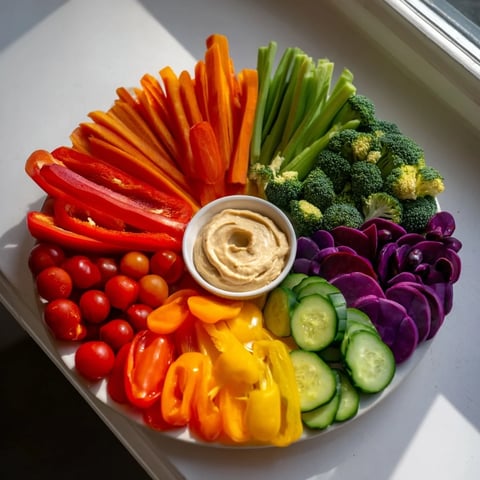 Vibrant Colorful Vegetable Rainbow Board featuring red tomatoes, orange peppers, and fresh green veggies, ready to eat.
