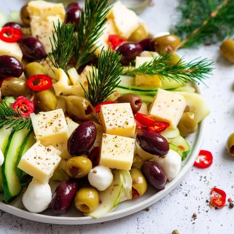 Festive cheese & olives pine tree wreath, featuring vibrant olives and cheese cubes, ready to enjoy.