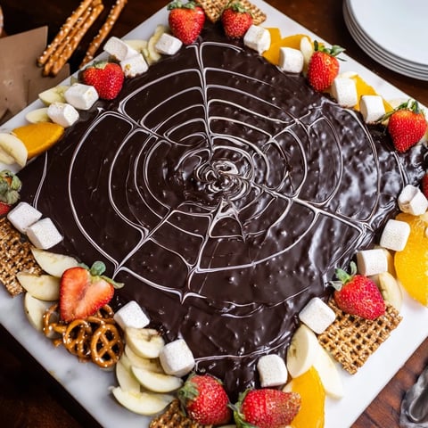 A decadent close-up of Spiderweb Chocolate Ganache Board served with fresh strawberries for dipping.