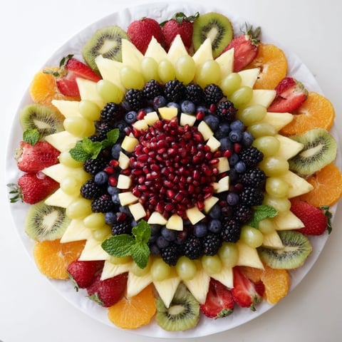 Vibrant Pomegranate Starburst Platter: Juicy pomegranate arils and colorful fruits create a stunning, healthy appetizer.