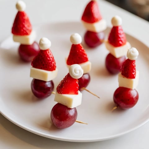 Vibrant Santa Hat Fruit and Cheese Platter with juicy strawberries, perfect holiday appetizer.
