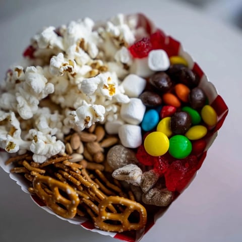 Movie Night Popcorn Box Treat Display overflowing with colorful candies, popcorn, and crunchy pretzels.