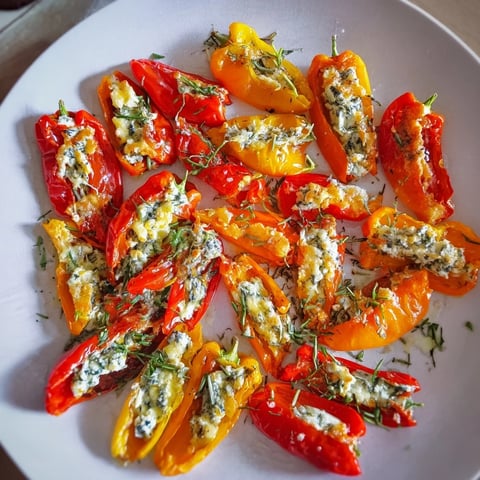 Brightly colored mini bell pepper halves overflowing with creamy feta filling for a vibrant appetizer.