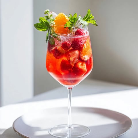 A tall glass of vibrant Sparkling Juice with Raspberries, garnished and ready to be enjoyed.