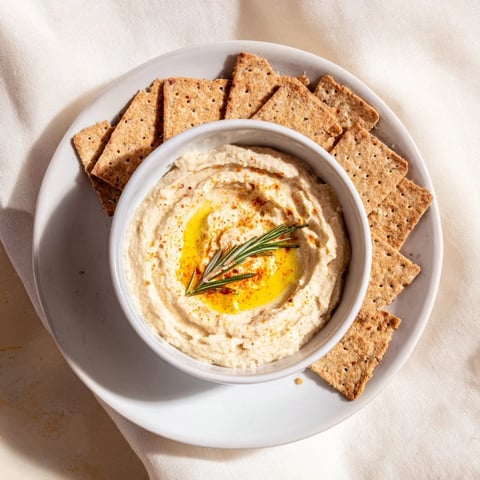 Golden, crispy Holiday Crackers with fresh rosemary alongside creamy homemade hummus in this photo.