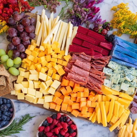 A vibrant Nutcracker Suite Board displays colorful cheeses, charcuterie and sweets for a festive appetizer.