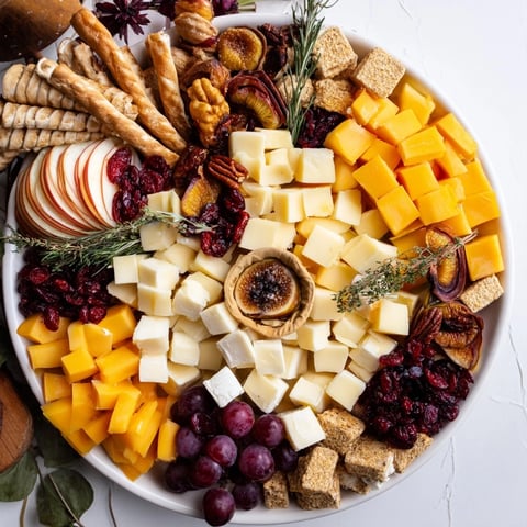 Autumn Harvest Horn of Plenty overflowing with colorful dried fruits, nuts, and cheeses for a feast.