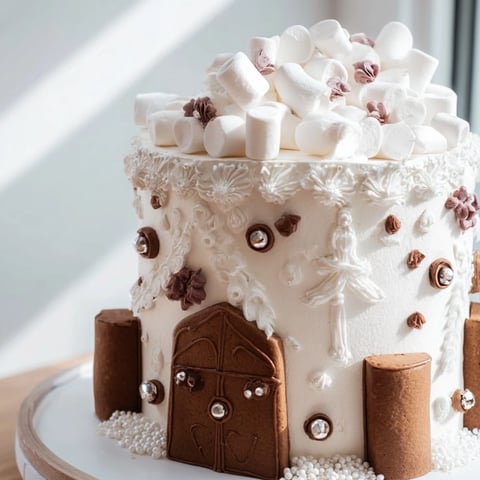 Golden brown gingerbread house frame adorned with whimsical candies, perfect for a joyful holiday season.