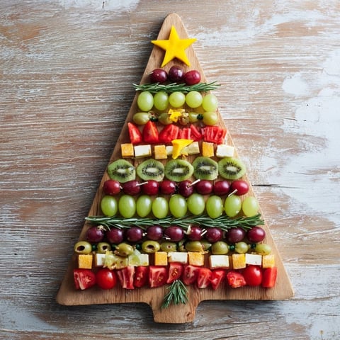 Bright, colorful Christmas Tree Triangle Board appetizer laden with fresh fruit, olives and mozzarella, perfect for holiday gatherings.