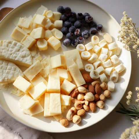 A delicious Winter Wonderland Platter featuring creamy cheeses and frosted rosemary sprigs ready to serve.