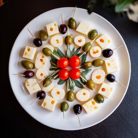 Festive New Year's Clock Countdown appetizer, with cheese cubes indicating the midnight hour on a cracker platter.
