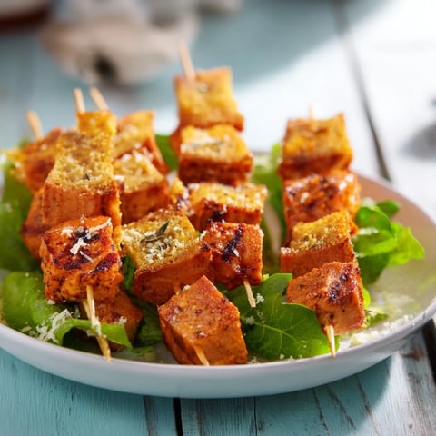 Grilled Chicken Caesar Salad Skewers served on a platter, dripping with creamy Caesar dressing and ready to enjoy.