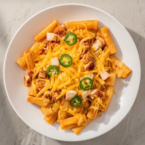 Golden, crispy Pasta Chip Nachos topped with melted cheese, spicy jalapeños, and savory taco chicken.