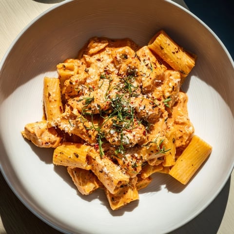 Golden-brown Spicy Vodka Chicken Pasta, creamy and fiery, ready for scooping onto a plate.