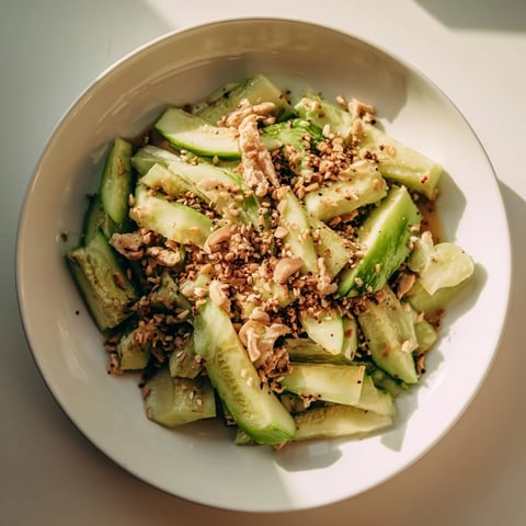 Vibrant Whole Cucumber Logan Salad with juicy shredded chicken, ready to eat now.