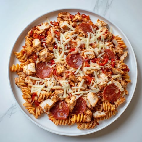 One-Pan Pizza Pasta bubbling with melted mozzarella, pepperoni, and tender chicken; a comforting meal.