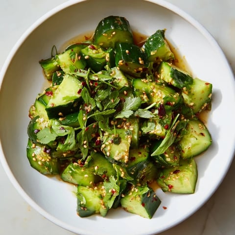 Refreshing Chinese Spicy Smashed Cucumber Salad, a vibrant mix of cucumbers and zesty sauce.