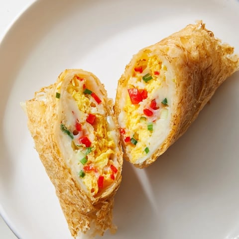 Golden brown Rice Paper Egg Cheese Wrap boasts melted cheese and a crispy, satisfying texture.