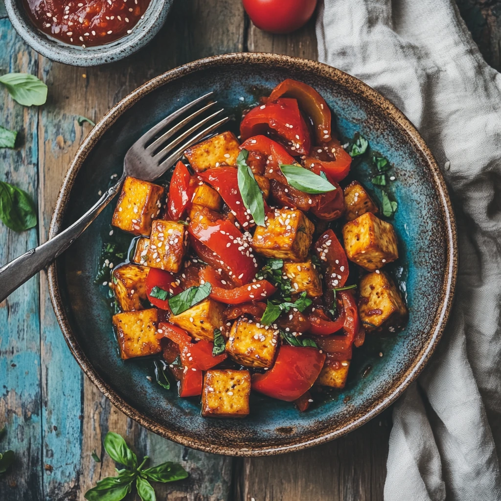 Served tofu with bell peppers and tomato sauce on a white plate, garnished with fresh parsley and paired with a side of steamed rice