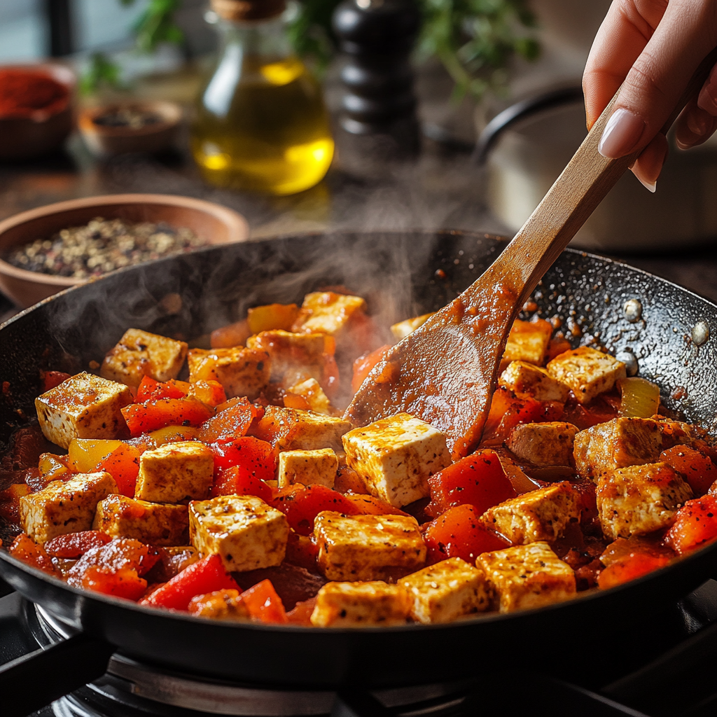 Colorful dish featuring crispy tofu cubes, sautéed red and yellow bell peppers, and juicy tomato chunks garnished with fresh basil leaves on a rustic plate