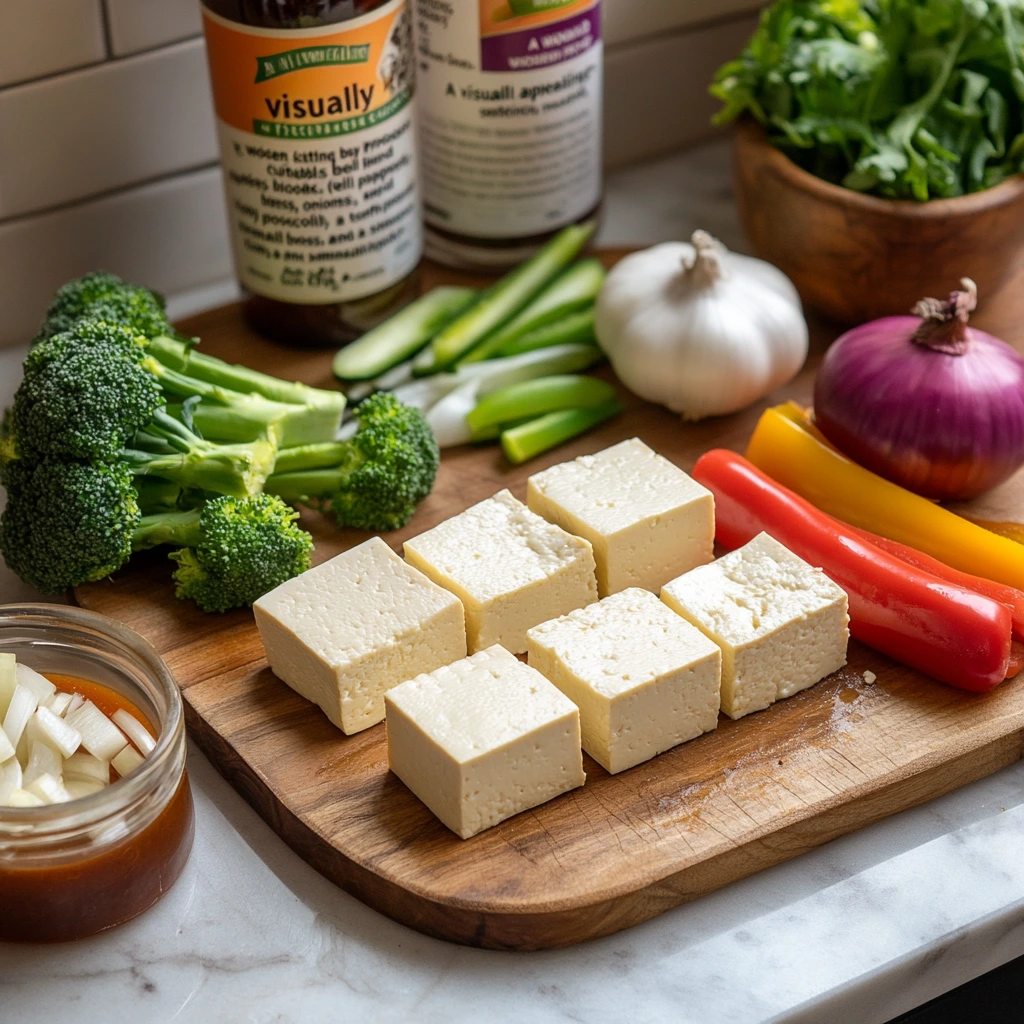 Firm tofu blocks on a wooden cutting board, surrounded by fresh vegetables and a bowl of water, illustrating the soaking process in a bright kitchen setting