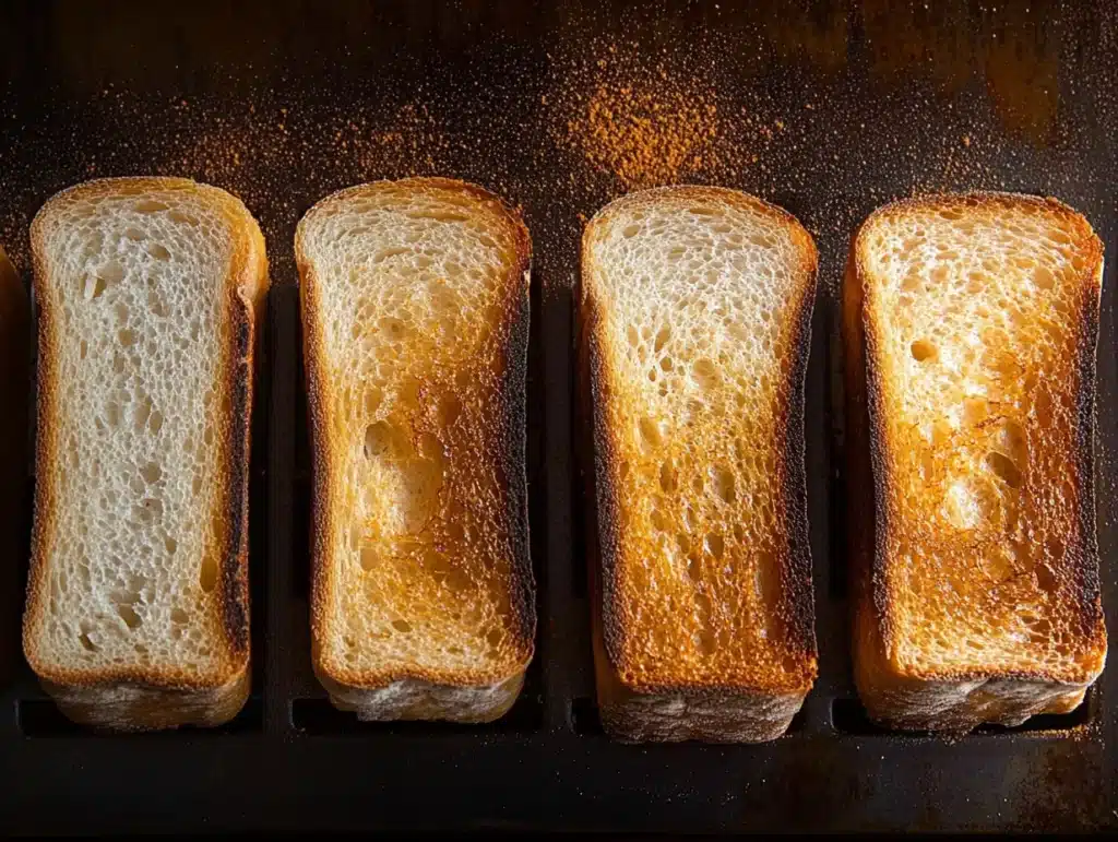 A close-up image of bread slices in a toaster