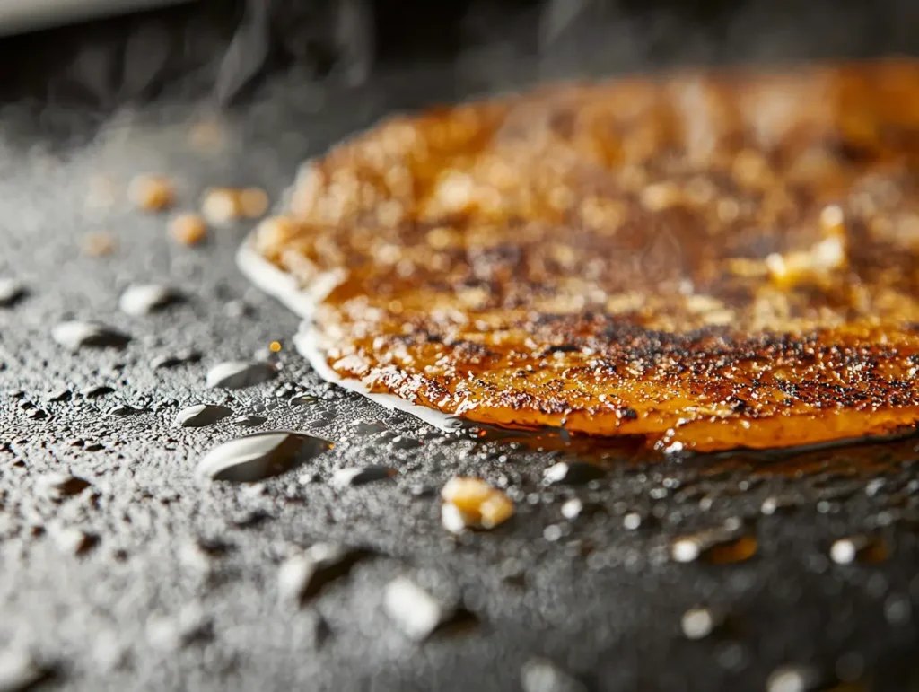 A closeup of a Blackstone griddles surface showing uneven heating zones with food cooking unevenly