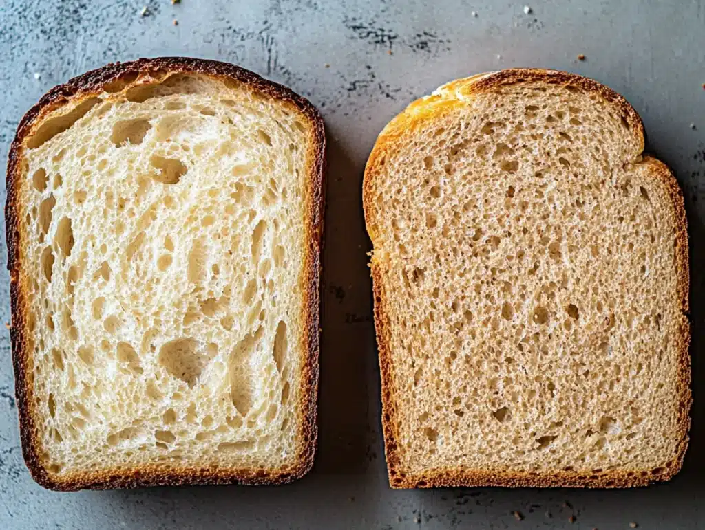 A closeup of artisanal bread slices sidebyside one toasted and one untoasted with visible crumb structures highlighted