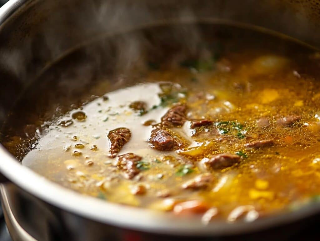 A closeup of perfectly cooked egg noodles being ladled with beef stew broth with a light steam effect