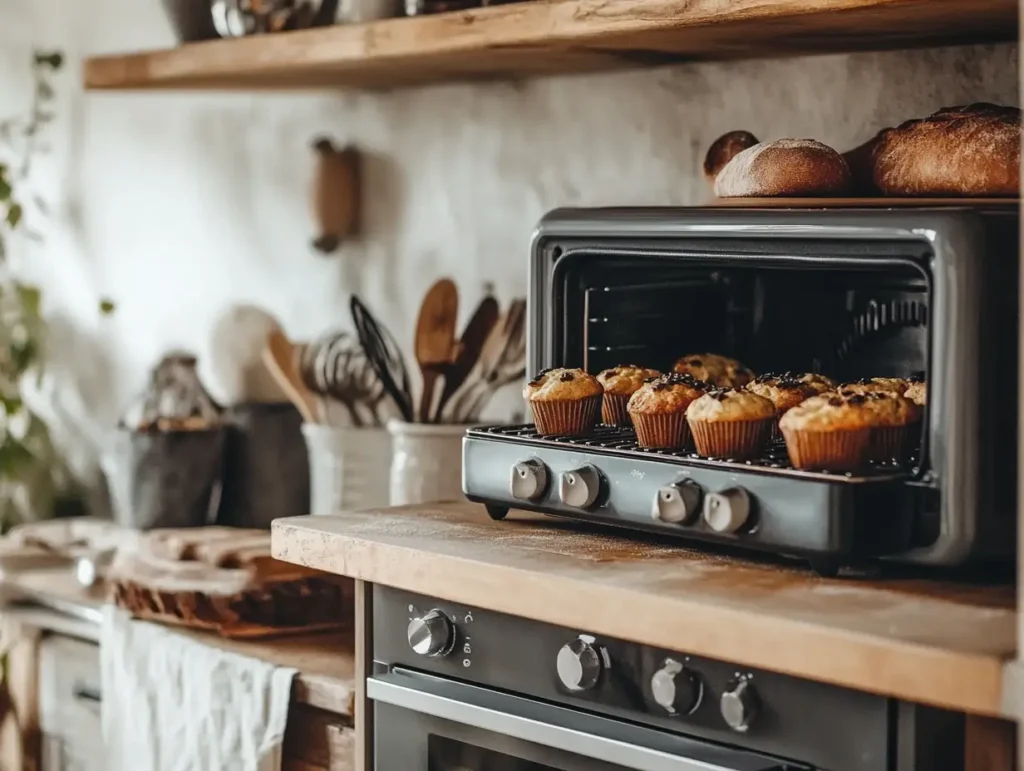 A closeup shot of tools like bread tongs a toaster oven with muffins inside and a baking stone placed on the shelf