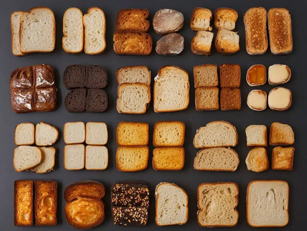 A comparative visual of different bread types whole wheat sourdough rye white toasted without oil displayed in a grid format with varying crisp levels