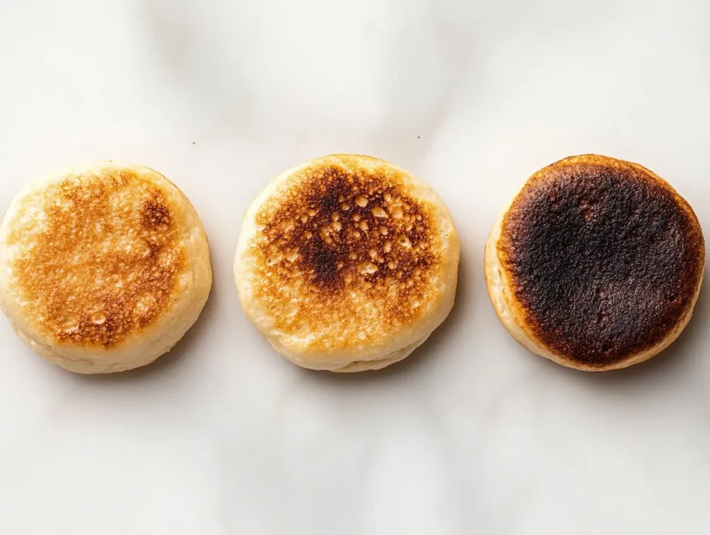 A comparison image showing English muffins toasted to light golden brown medium brown and overly burnt levels to emphasize the importance of timing