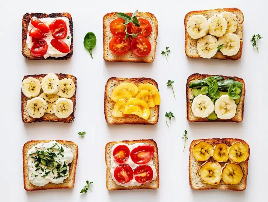 A flatlay of flavored oilfree toasts including a savory option herbstomatoes and a sweet option bananahoney with vibrant garnishes