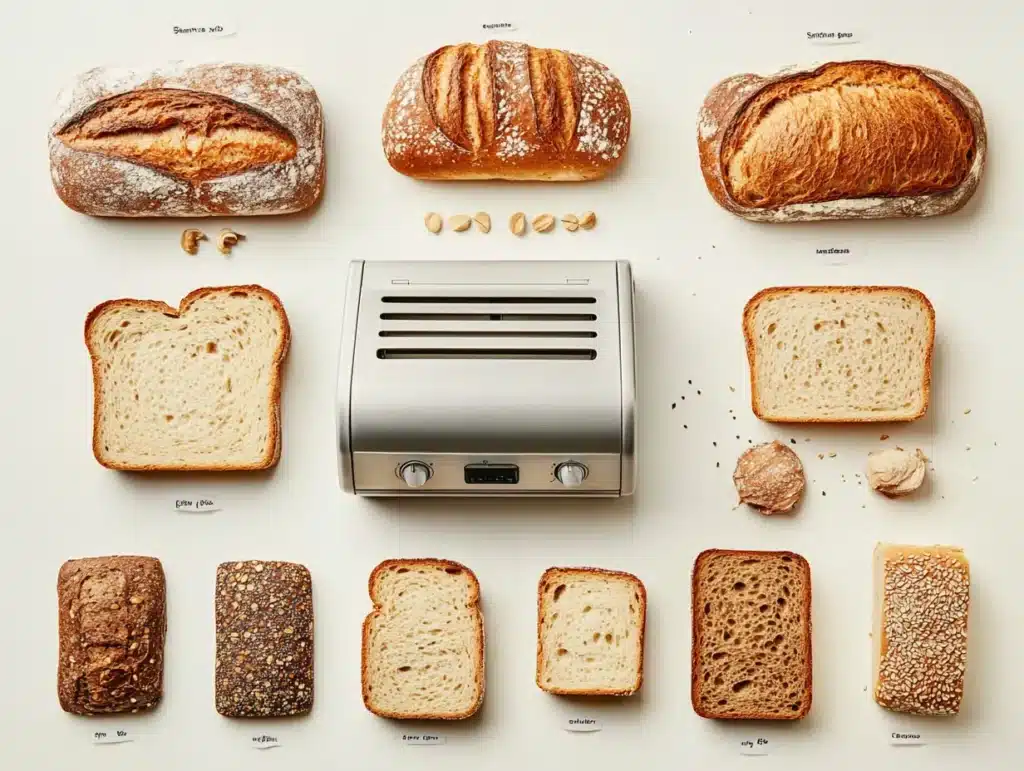  A flatlay shot of different toasting toolselectric toaster air fryer castiron skillet and an oven withA flatlay image with various bread types white sourdough rye whole wheat labeled and placed next to a toaster bread slices ready to toast