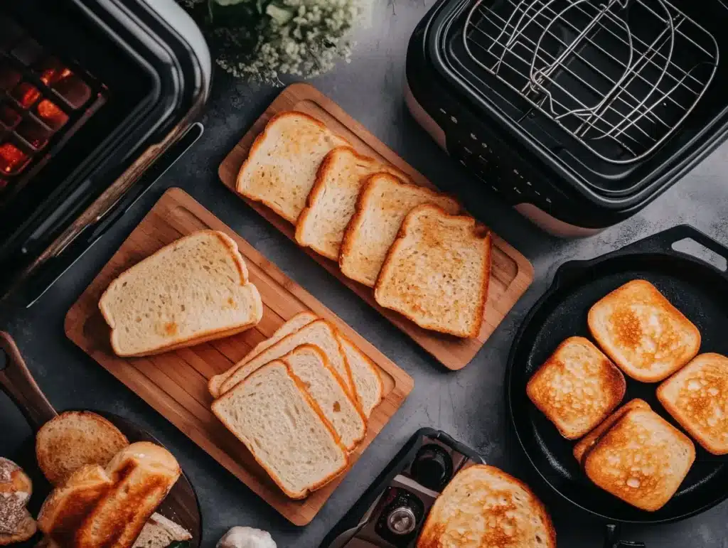  A flatlay shot of different toasting toolselectric toaster air fryer castiron skillet and an oven with bread slices ready to toast