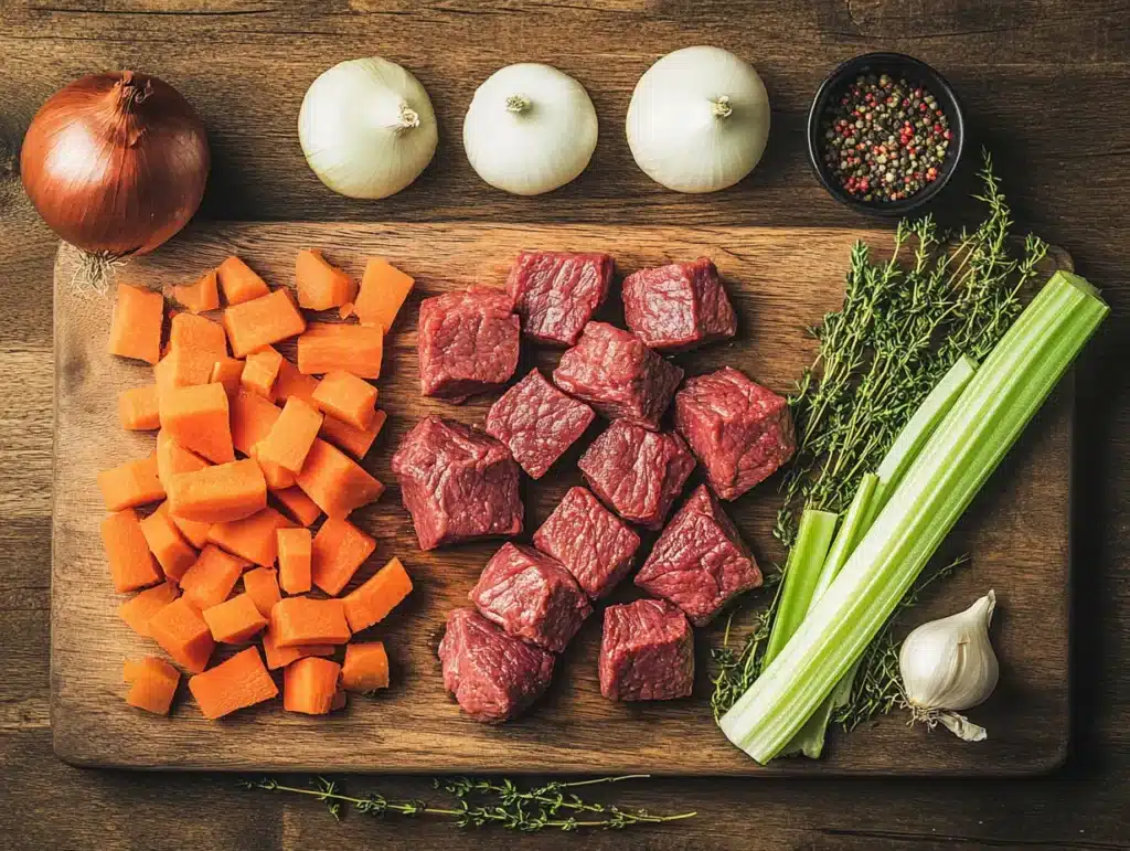 A flatlay shot of fresh carrots onions celery thyme and beef chunks on a wooden cutting board with a rustic feel