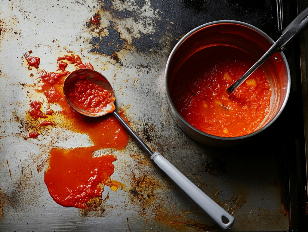 A griddle surface with spilled tomato soup