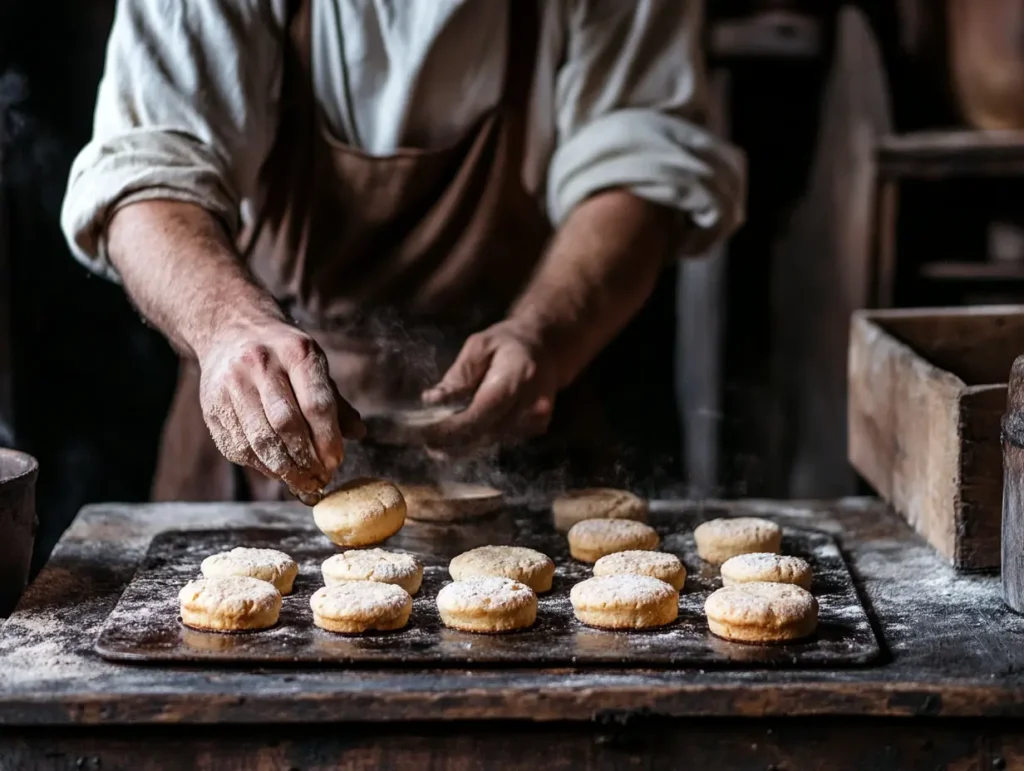 A historical backdrop showing a baker cooking English muffins on a griddle in 19th-century England