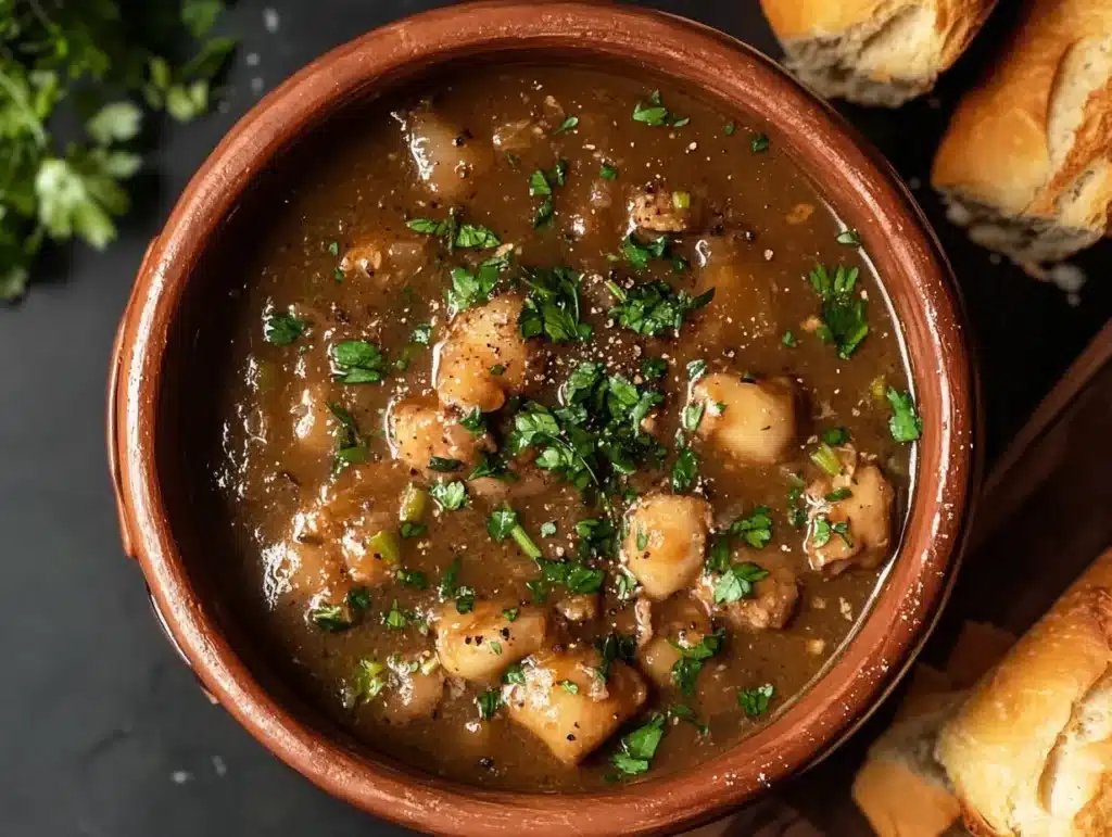 A modern WordPresscompatible design showcasing a bowl of steaming Chilean tomato stew garnished with fresh parsley paired with a rustic wooden background