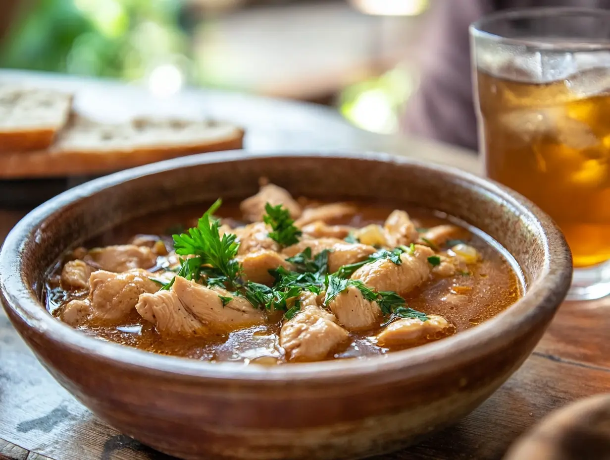 A rustic bowl of steaming chicken stew garnished with parsley placed alongside fresh bread