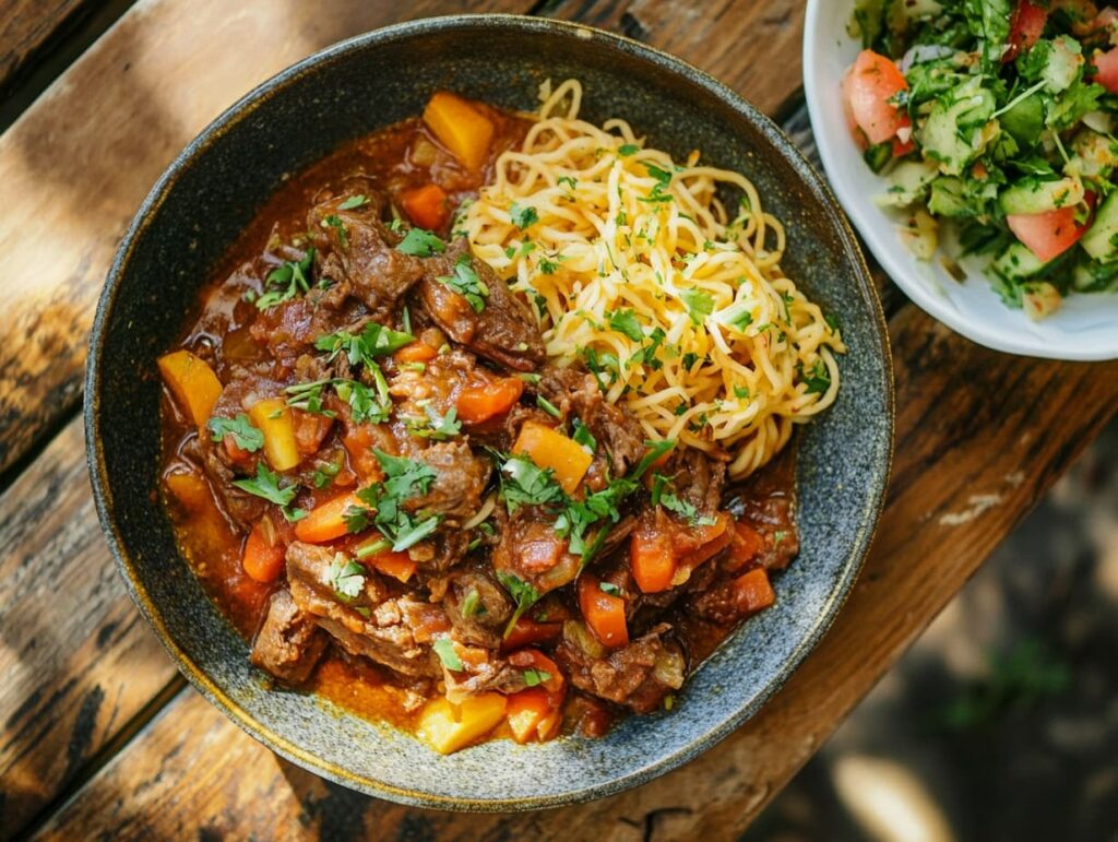 A sidebyside comparison of the dish in its traditional beef version versus a vegetarian adaptation with tofu and extra veggies