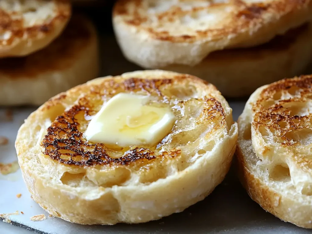 A sidebyside shot of an openfaced English muffin revealing its nooks and crannies and a sliced loaf of bread showcasing its crust and crumb