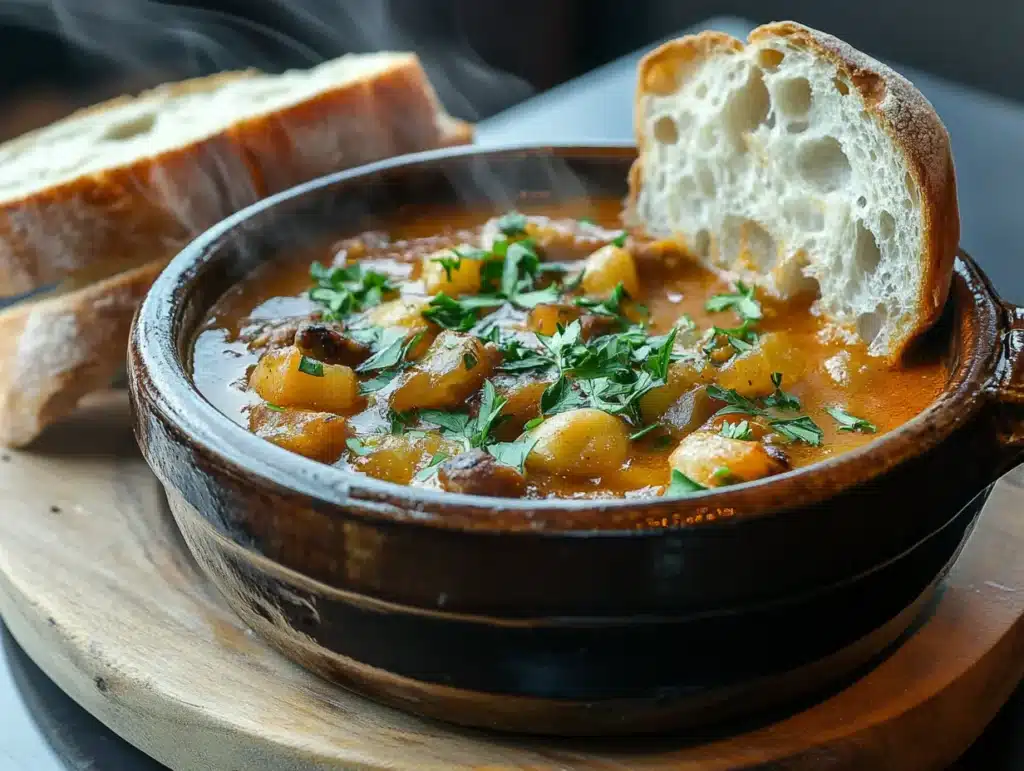 A steaming bowl of the stew served in a rustic ceramic dish garnished with fresh parsley with crusty bread on the side