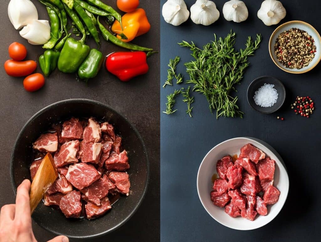 A stepbystep collage showing beef being cleaned and cut and vegetables neatly prepared alongside mixing a bowl of marinated beef