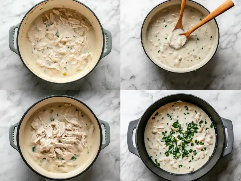 A stepbystep collage showing stages boiling chicken shredding and the final creamy stew in a pot