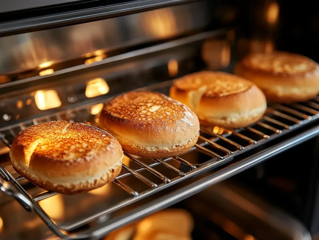 A toaster with English muffins inserted midtoast at varying settings bordered in red for emphasis