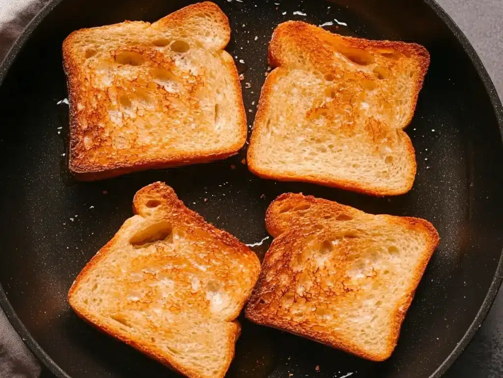 A topview photo of bread slices on a nonstick skillet with golden edges and text that highlights an oilfree toasting technique