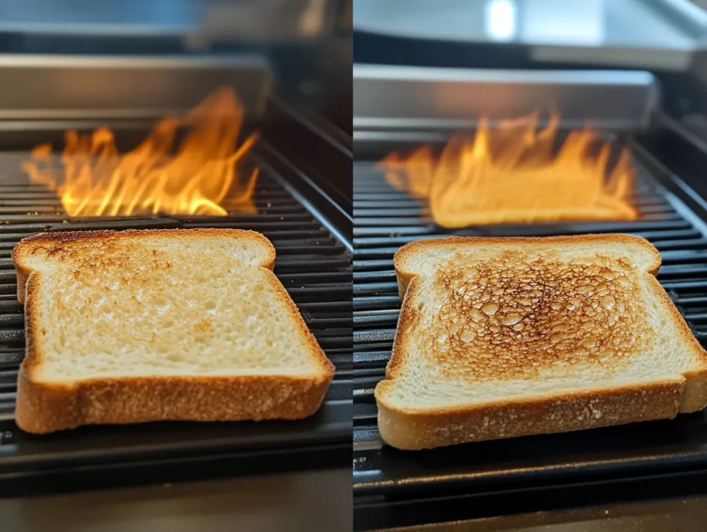 A visual comparison of thick and thin bread slices undergoing toasting